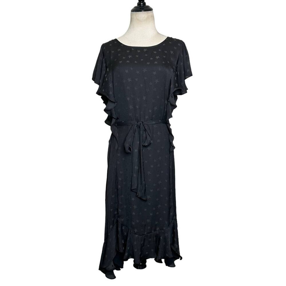 Max Studio Black Star Print Ruffle Flirty Hi-lo hem Belted Dress Size Large